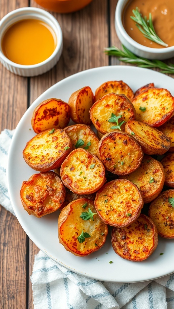 Crispy Air Fryer Smashed Potatoes Recipe Crispy smashed potatoes garnished with herbs on a rustic wooden table.